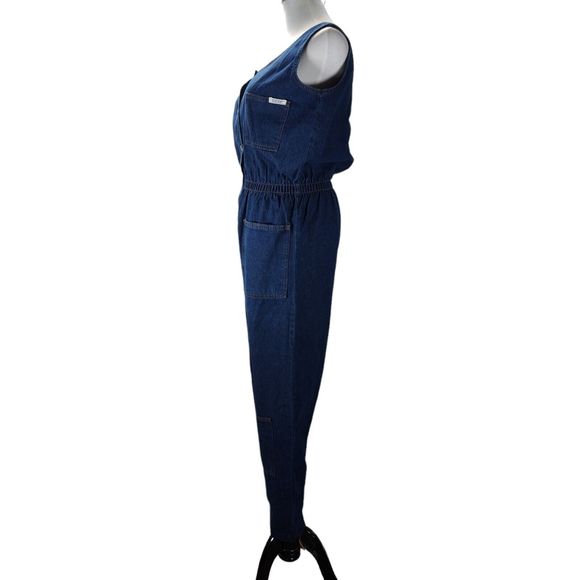 Vintage 90s Blue Utility Jumpsuit Size S/M Denim Sleeveless Pockets Straight Leg - Picture 4 of 10